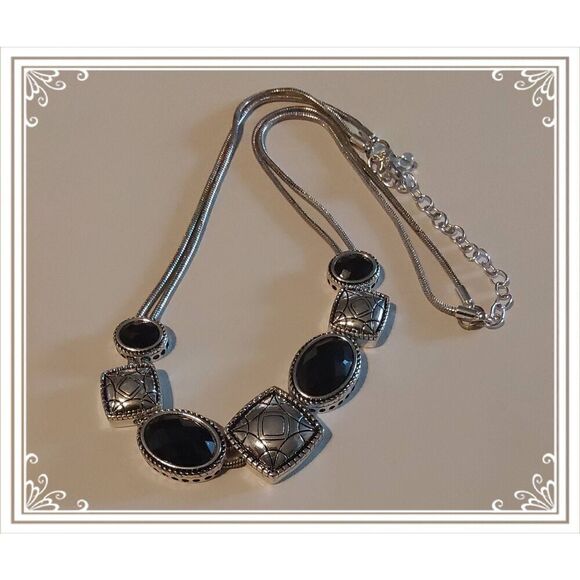 Silver Etched Tiles & Black Faceted Crystal Sliders Double Snake Chain Necklace - Picture 2 of 4